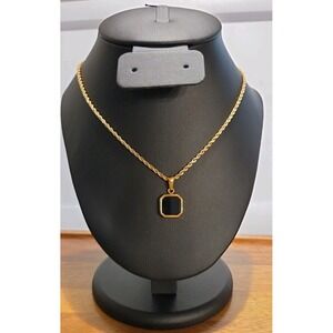 Gold Plated Black Onyx Pendant Necklace with 20 Inch 2mm Gold Rope Chain